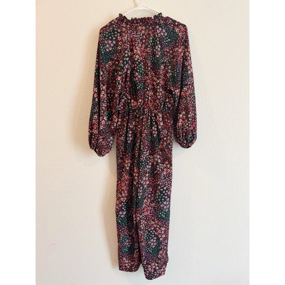 ZARA Black Floral Print Long Sleeve Wide Leg Jumpsuit Smocked Waist Size Small - Picture 5 of 6